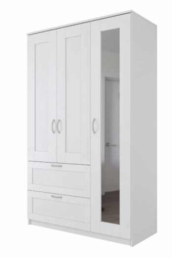 Шкаф трехдверный Сириус с зеркалом и 2 ящиками белый в Коченёво - kochenyovo.mebel54.com | фото